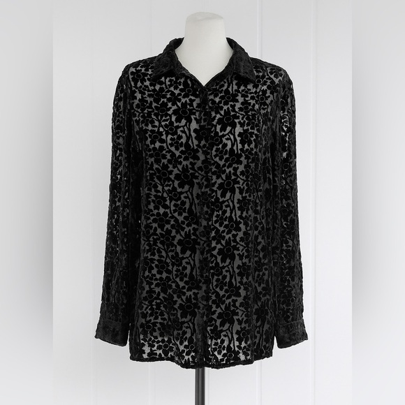 WinterSilks Black Burnout Velvet Floral Blouse Size Large Bohemian Festival - Picture 1 of 5